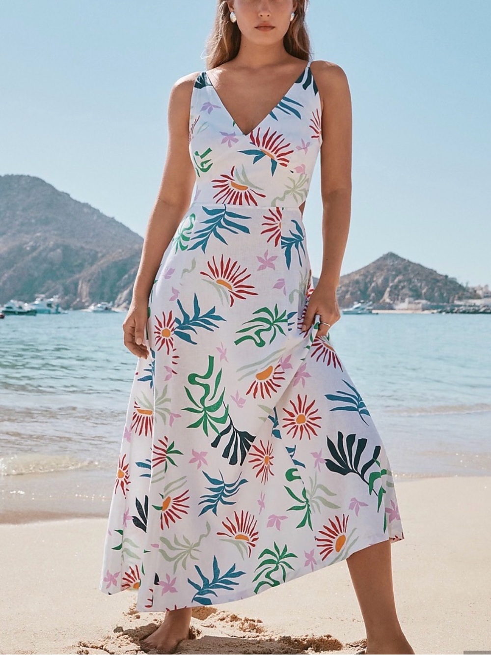 loft beach doodle patchwork drawing linen maxi dress open back tie tank top sz 4